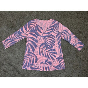 FRESH PRODUCE Women Blouse Top 3/4 Sleeve Big Leaves Tropical Vneck SMALL Travel